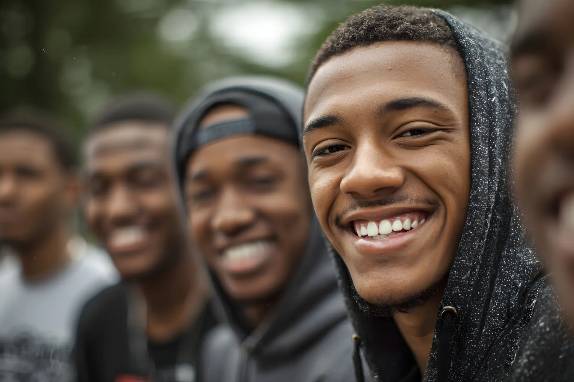 A group of smiling young men standing together outdoors